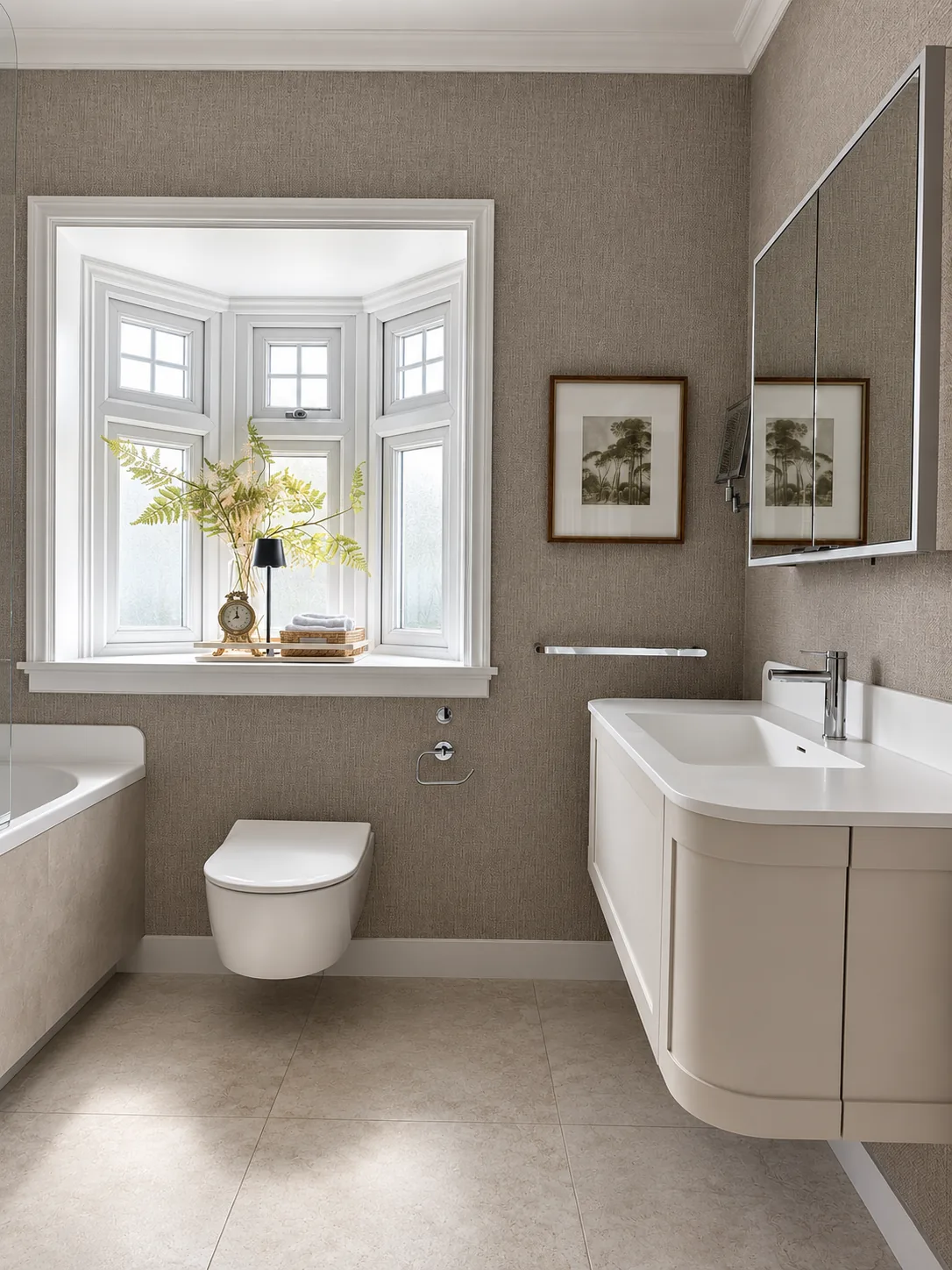 Bathroom with bay window, wall-hung WC, curved vanity unit and mirror cabinet, South London — Fellner Construction