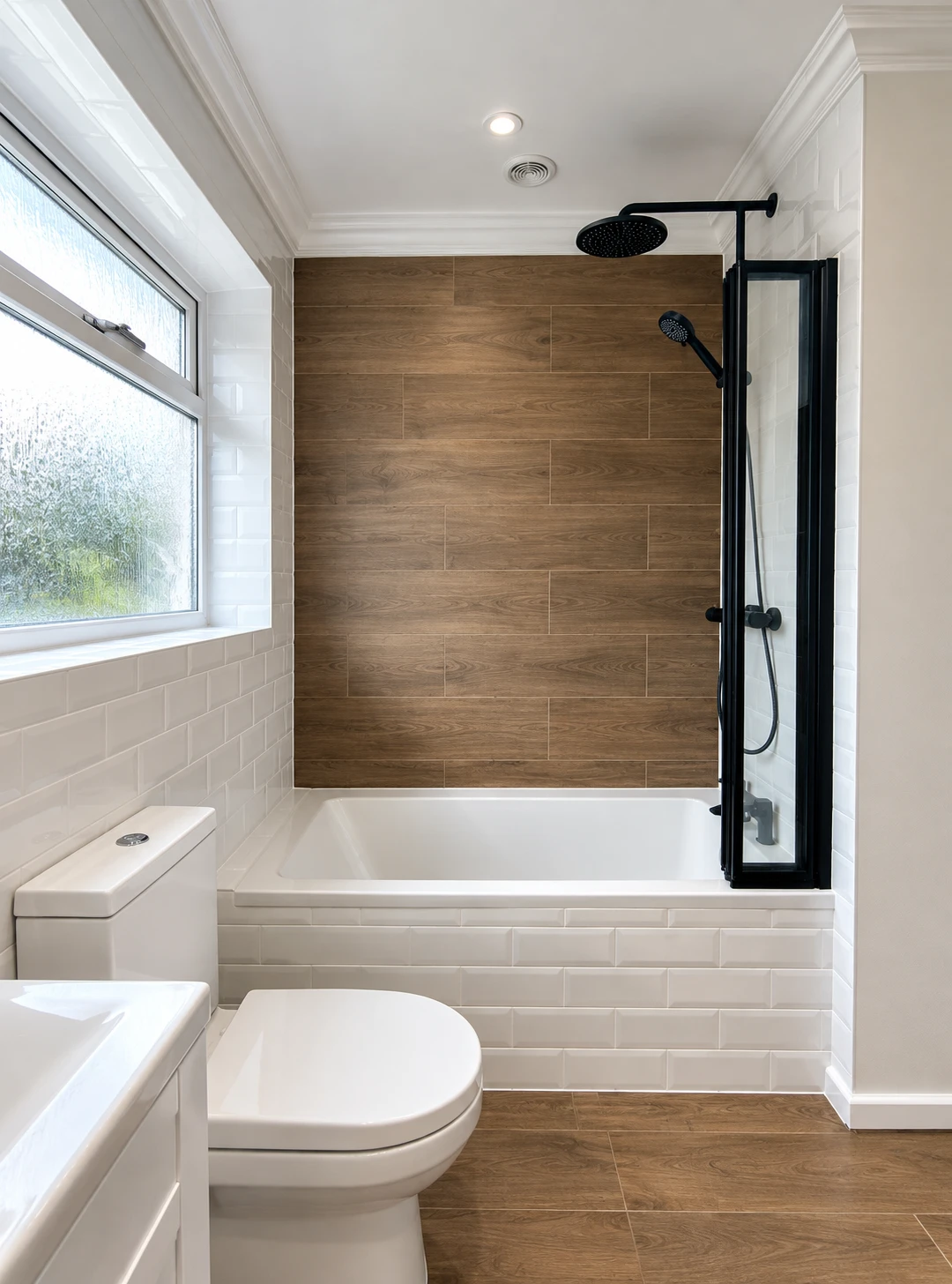 Bathroom with wood-effect feature wall and black shower fittings, South London — Fellner Construction