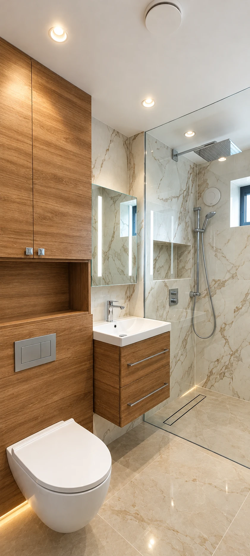 Luxury ensuite bathroom with marble-effect tiling and walk-in shower, South London — Fellner Construction