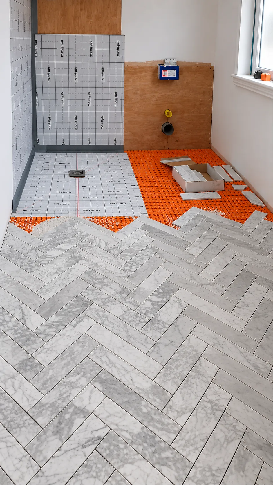 Wet room during the build: self-adhesive waterproof membrane on the shower walls, shower floor laid to a drain, orange floor membrane and herringbone marble being laid — Fellner Construction